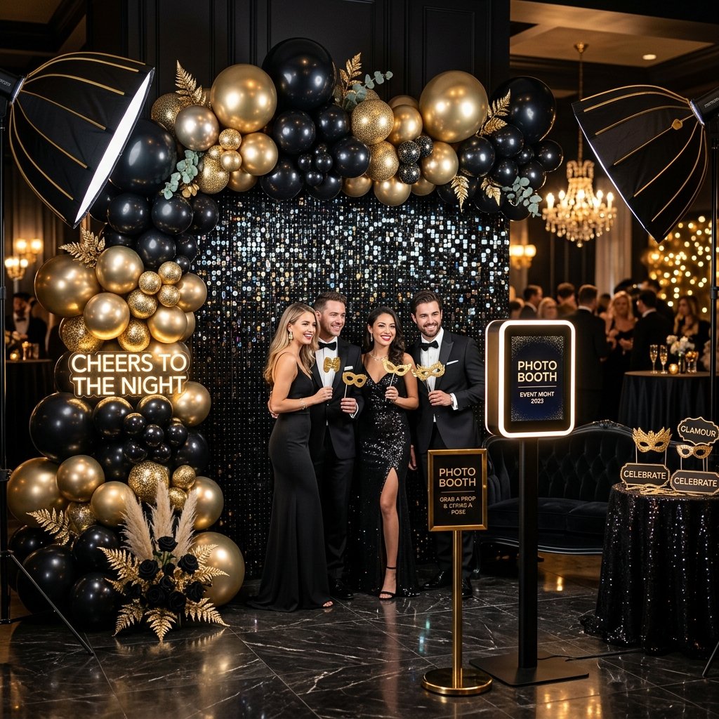 Black sequin backdrop with gold balloon arch
