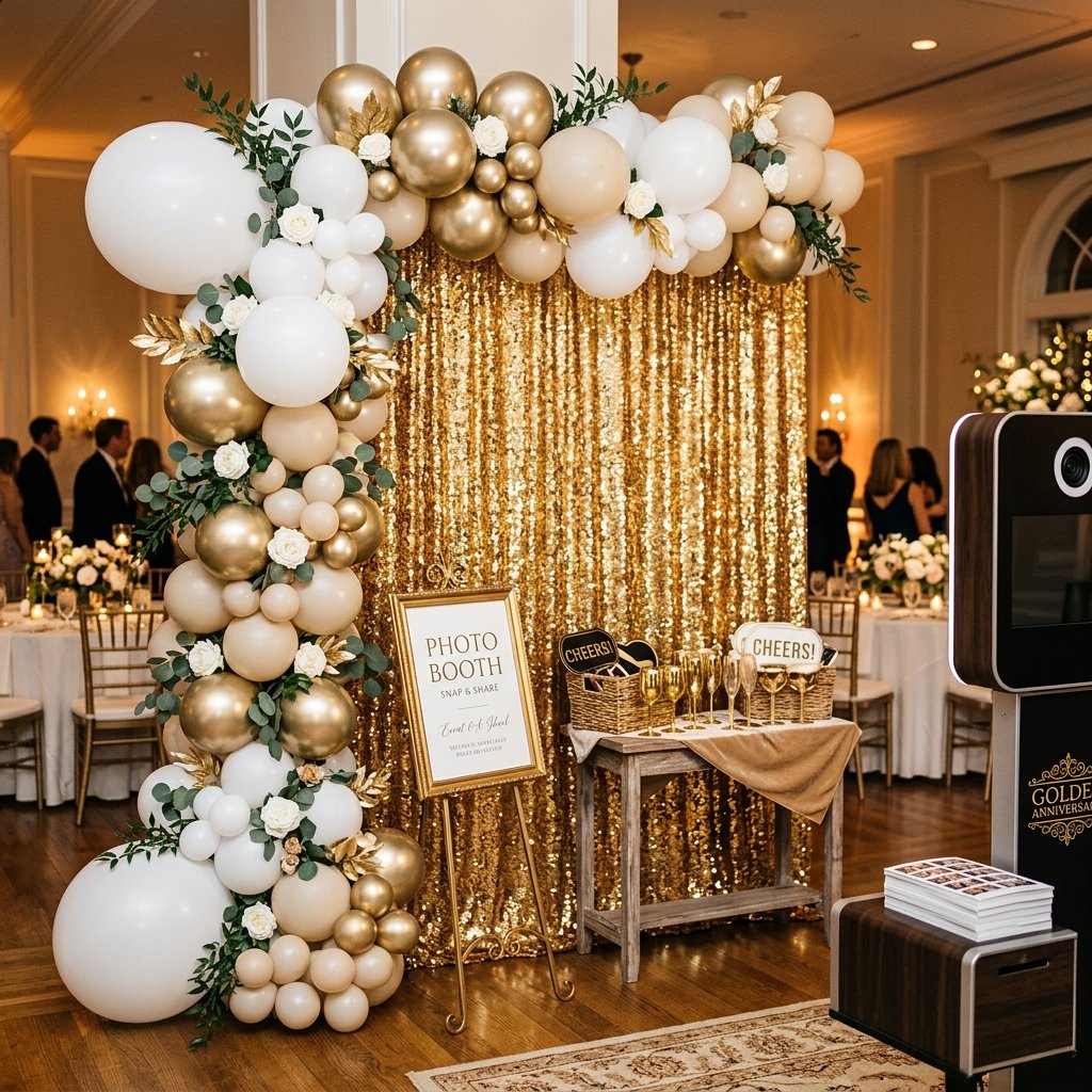 Gold sequin backdrop with white balloon arch