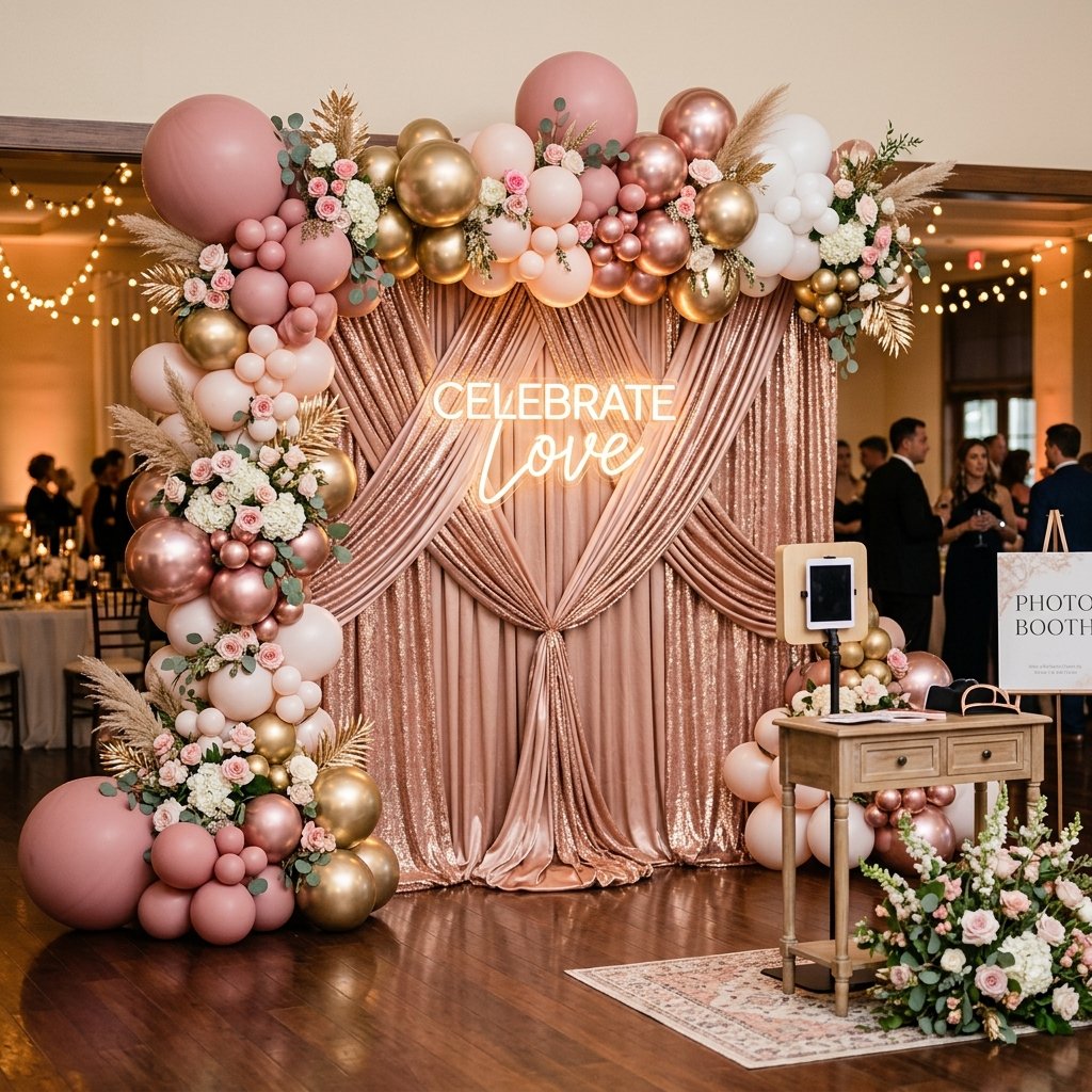 Rose gold draping backdrop with pink balloon arch
