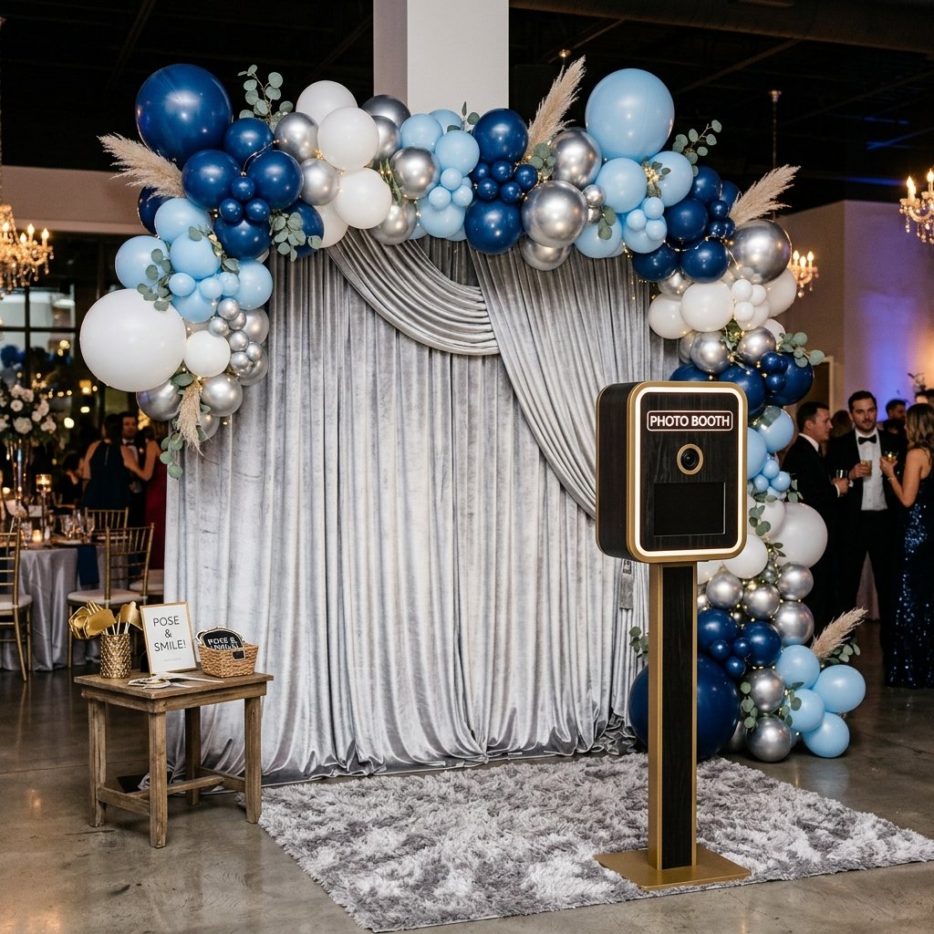 Silver velvet drape backdrop with blue balloon arch
