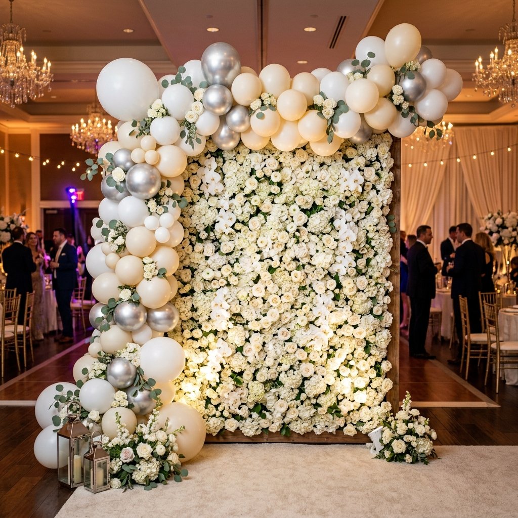 White floral wall backdrop with silver balloon arch